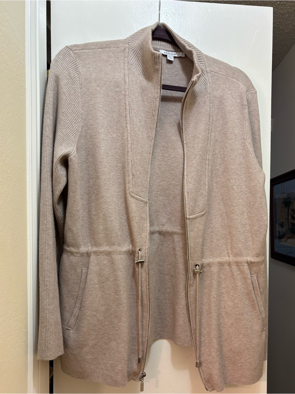 Chico's Taupe Open-Front Drawstring Cardigan Jacket